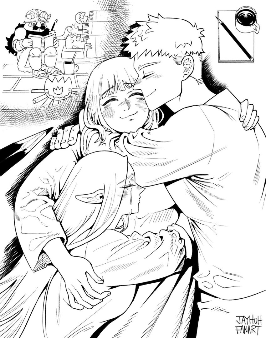 2girls 3boys arm_guards armor arms_around_neck beard blonde_hair book breasts brother_and_sister campfire chilchuck_tims covered_mouth crying cup dress drink dungeon_meshi dwarf elf facial_hair facing_another facing_viewer fake_horns falin_touden falin_touden_(tallman) fur_trim greyscale group_hug halfling hand_on_another&#039;s_back hand_on_another&#039;s_shoulder hands_up helmet highres horned_helmet horns hug jayhuh_art knees_up korean_commentary laios_touden long_beard long_hair long_sleeves lying marcille_donato medium_breasts monochrome multiple_boys multiple_girls multiple_views mustache on_back open_mouth pavement pencil pointy_ears profile sandals senshi_(dungeon_meshi) shin_guards short_hair siblings sitting sleeping sleepwear sleeveless writing