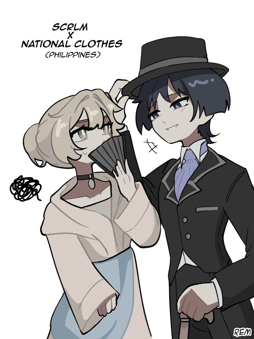 +++ 1boy 1girl alternate_costume alternate_hairstyle ascot black_choker black_eyes black_hair black_hat black_jacket black_pants black_sleeves blonde_hair blue_sash blunt_ends bright_pupils brown_dress brown_sleeves cane choker collarbone collared_shirt dress dress_pants dress_shirt folding_fan formal_clothes genshin_impact hair_between_eyes hair_bun hair_intakes hand_fan hand_up hat highres holding holding_cane holding_fan jacket lapels layered_sleeves light_blush long_sleeves looking_at_another lumine_(genshin_impact) open_mouth pants purple_ascot remhotaru sash scaramouche_(genshin_impact) shirt short_hair smile squiggle suit_jacket sweatdrop traje_de_mestiza trilby white_mouth white_pupils white_shirt white_sleeves yellow_eyes