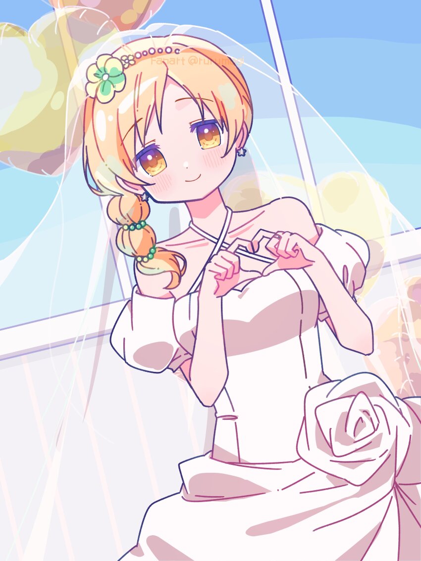 1girl absurdres alternate_hairstyle blonde_hair detached_sleeves dress four-finger_heart_hands heart heart_hands highres long_hair looking_at_viewer mahou_shoujo_madoka_magica puffy_short_sleeves puffy_sleeves ruru_(rurumagi) short_sleeves side_ponytail solo strapless strapless_dress tomoe_mami veil white_veil window yellow_eyes