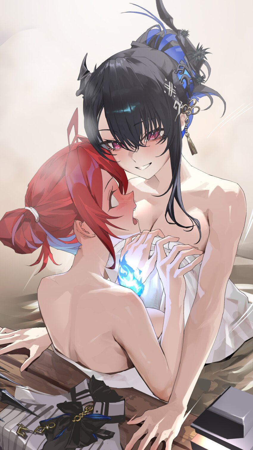 2girls absurdres ahoge assertive_female asymmetrical_horns bath black_hair blue_fire blue_hair blush breasts colored_inner_hair elizabeth_rose_bloodflame fire fire_on_chest flower flower_knot hair_bun hair_ornament highres hololive hololive_english horn_flower horns large_breasts looking_at_another mole mole_under_eye multicolored_hair multiple_girls naked_towel nerissa_ravencroft red_eyes red_hair short_hair sidelocks single_hair_bun slit_pupils swept_bangs tassel tassel_hair_ornament thekaiyip towel uneven_horns unworn_clothes virtual_youtuber yuri