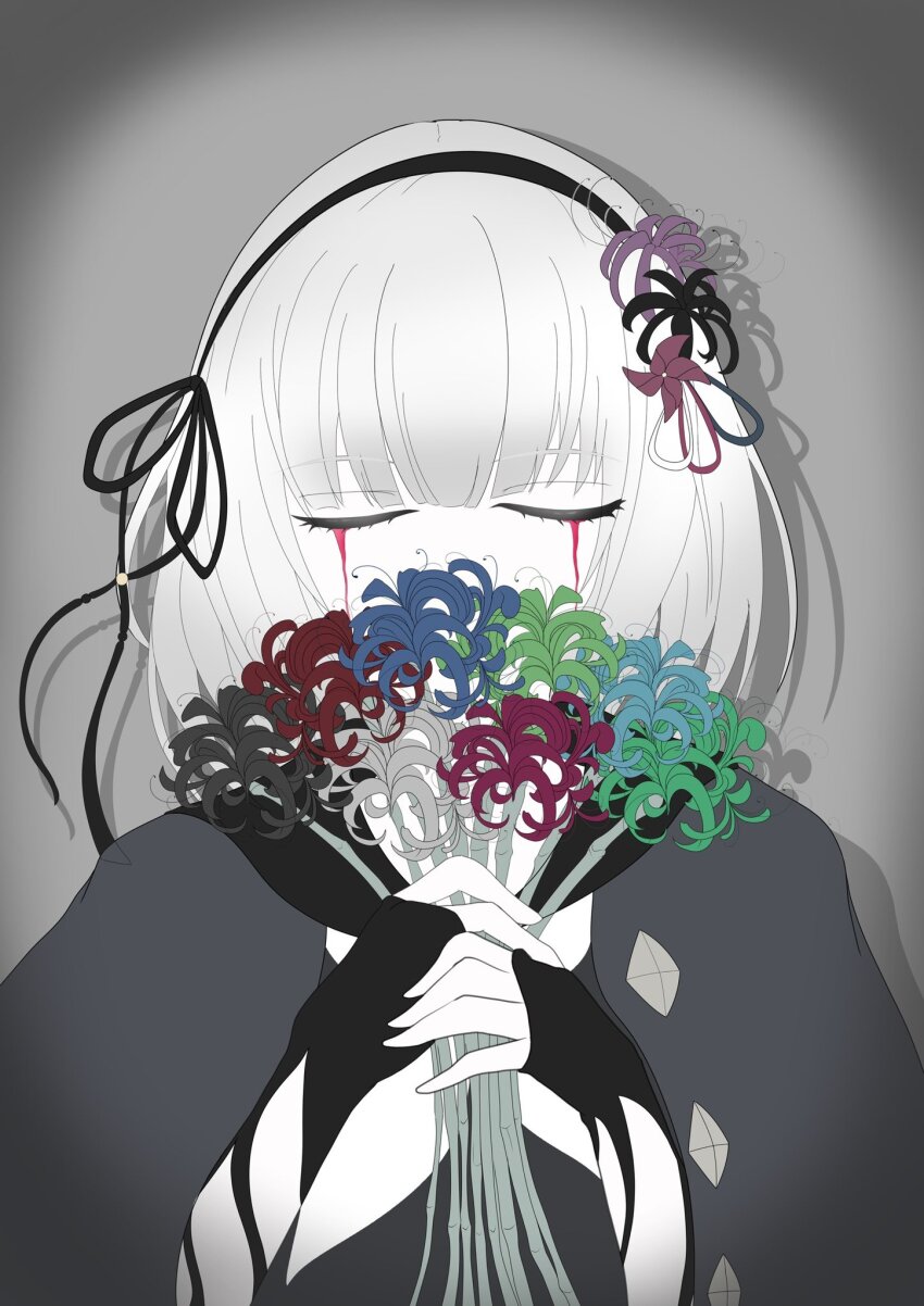 1girl assault_lily black_flower blood blood_on_face bloody_tears blue_flower blunt_bangs bouquet bow_hairband capelet closed_eyes commentary covered_mouth drop_shadow facing_viewer fingerless_gloves flower gloves gradient_background green_flower grey_background hair_flower hair_ornament hair_ribbon hairband highres holding holding_bouquet long_hair monochrome pink_flower purple_flower ribbon school_uniform serafuku shirt solo spot_color toremo_rin upper_body yamaguchi_chihiro_(assault_lily)