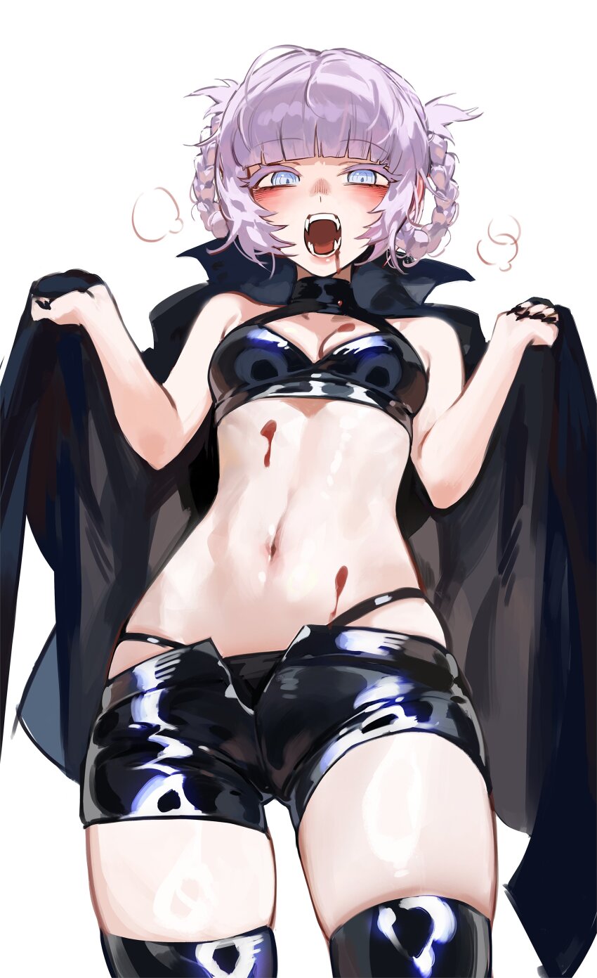 1girl absurdres black_cape black_panties black_shorts black_thighhighs blood blood_on_breasts blood_on_face breasts cape cleavage commentary cowboy_shot crop_top fangs foolish_potato highres nanakusa_nazuna_(yofukashi_no_uta) navel open_mouth panties purple_hair short_hair short_shorts shorts small_breasts solo stomach thighhighs thighs underwear yofukashi_no_uta