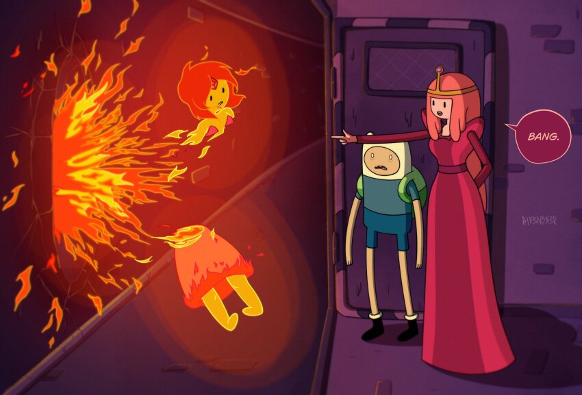 1boy 2girls adventure_time arm_behind_back artist_name backpack bag chainsaw_man colored_skin commentary death dress english_text fiery_hair finn_the_human fire flame_princess forehead_jewel full_body green_bag hashtag-only_commentary highres hood indoors long_dress long_hair multiple_girls orange_hair orange_skin parody pink_dress pink_hair pink_skin princess_bonnibel_bubblegum rivensner scene_reference speech_bubble standing tiara toon_(style)