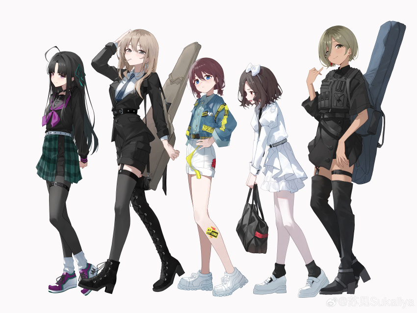 5girls absurdres ahoge arms_behind_back asymmetrical_sleeves awa_subaru bag belt black_bag black_belt black_boots black_choker black_hair black_jacket black_necktie black_pantyhose black_sailor_collar black_shirt black_shoes black_shorts black_socks black_thighhighs blue_eyes blue_jacket blue_shirt blush boots brown_eyes brown_hair censored chinese_commentary choker closed_mouth collared_shirt commentary_request dress dress_shirt ear_piercing earrings ebizuka_tomo full_body garter_straps girls_band_cry green_ribbon green_skirt grey_hair guitar_case hair_between_eyes hair_ribbon hand_on_own_hip hand_up high_heels highres holding holding_bag instrument_case instrument_on_back iseri_nina jacket jewelry juliet_sleeves kawaragi_momoka load_bearing_vest lollipop_in_mouth long_hair long_hair_between_eyes long_sleeves looking_at_viewer low_twintails mole mole_under_eye mosaic_censoring multicolored_hair multiple_girls neckerchief necktie open_mouth pantyhose pantyhose_under_shorts parted_bangs piercing pinky_out plaid_clothes plaid_skirt pleated_skirt puffy_sleeves purple_eyes purple_neckerchief purple_shoes red_eyes ribbon roots_(hair) rupa_(girls_band_cry) sailor_collar school_uniform serafuku shirt shoes short_hair short_twintails shorts shorts_under_skirt simple_background single_thigh_boot single_thighhigh skirt socks sukaliya thigh_boots thigh_strap thighhighs three-quarter_sleeves togenashi_togeari twintails watermark weibo_watermark white_background white_dress white_shirt white_shoes white_shorts white_socks yellow_belt