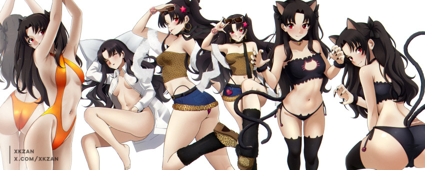 1girl ;p \n/ absurdres animal_ears arm_up armpits arms_up ass barefoot bell belt black_belt black_choker black_hair black_nails black_thighhighs boots bottomless bracelet breasts cat_ears cat_lingerie cat_tail choker crop_top earrings fate/grand_order fate_(series) groin hair_down highleg highleg_one-piece_swimsuit highres hoop_earrings ishtar_(fate) jewelry jingle_bell long_hair looking_at_viewer medium_breasts microskirt multiple_views naked_shirt navel one-piece_swimsuit one_eye_closed orange_one-piece_swimsuit panty_straps pillow red_eyes shirt simple_background skirt sleeping small_breasts stomach swimsuit tail thighhighs thighs tongue tongue_out two_side_up very_long_hair white_background xkzan