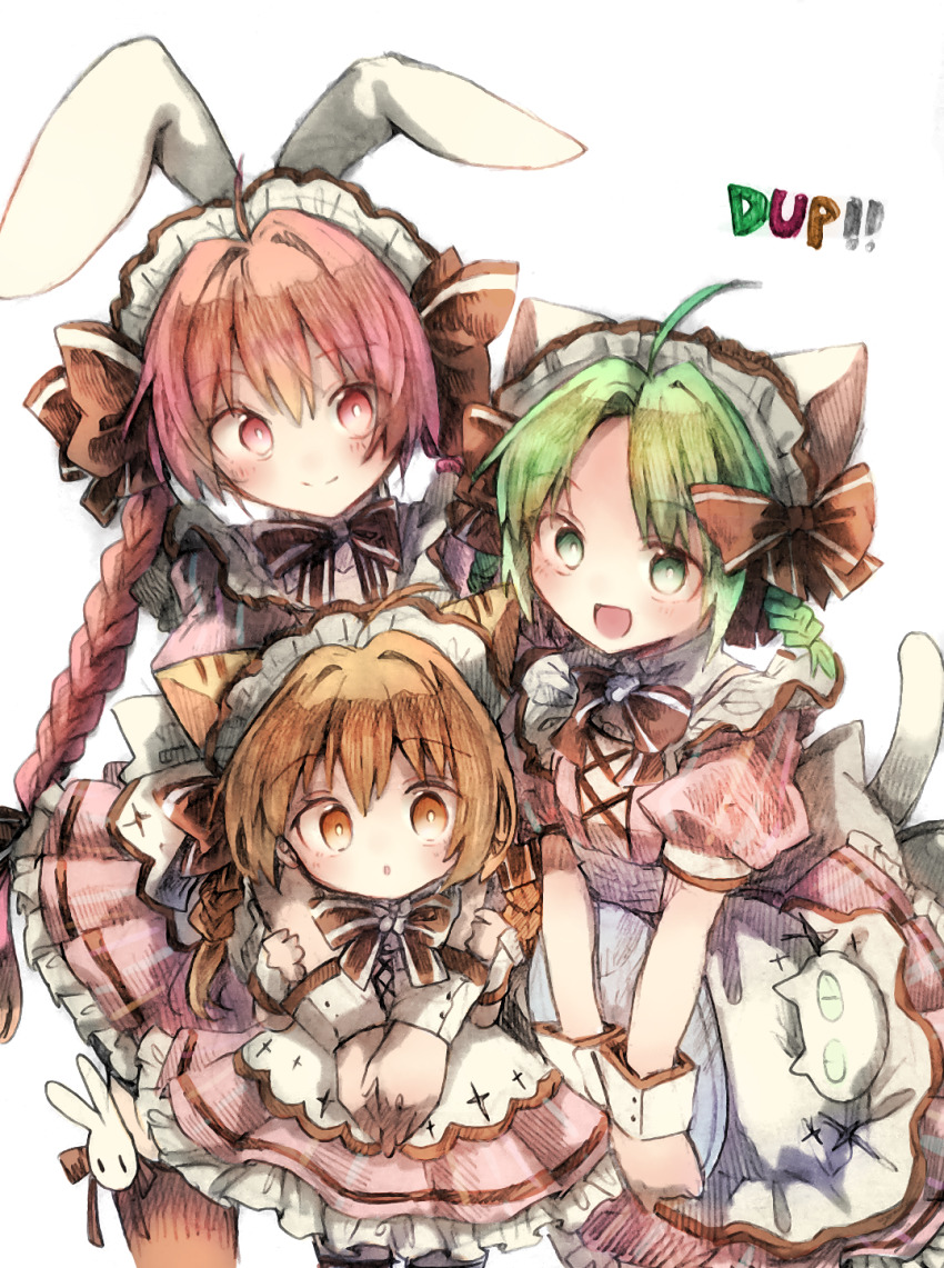3girls ahoge alternate_costume animal_ears bow braid brown_bow brown_eyes dejiko di_gi_charat dress fake_animal_ears green_eyes green_hair highres hug hug_from_behind multiple_girls no_nose open_mouth pink_dress puchiko rabbit_ears smile twin_braids usada_hikaru wadante waitress white_background
