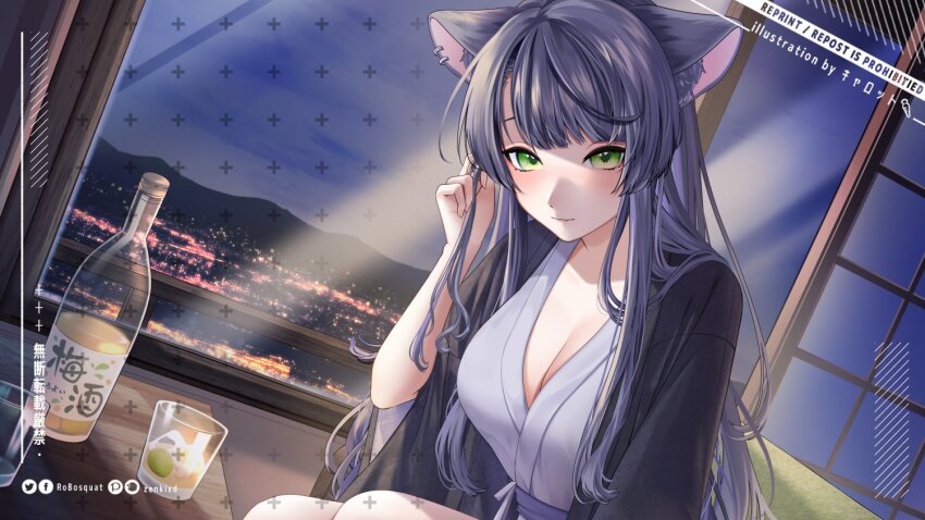 1girl alcohol bottle breasts carrot_(robosquat) character_request cleavage commission couch cup drinking_glass grabbing_own_hair green_eyes japanese_clothes kimono large_breasts looking_at_viewer night on_couch sitting smile solo upper_body virtual_youtuber white_kimono window
