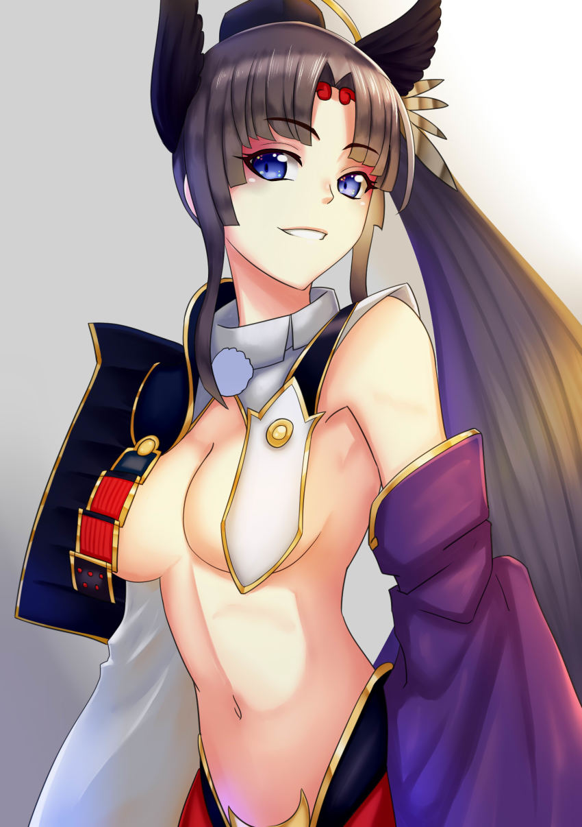 1girl absurdres armpits black_hair blue_eyes blush breasts convenient_censoring der_zweite detached_sleeves fate/grand_order fate_(series) female_focus gradient_background grey_background grin hair_ornament hat highres long_hair looking_at_viewer medium_breasts navel parted_lips pom_pom_(clothes) side_ponytail simple_background single_bare_shoulder smile solo standing tate_eboshi teeth underboob ushiwakamaru_(fate)