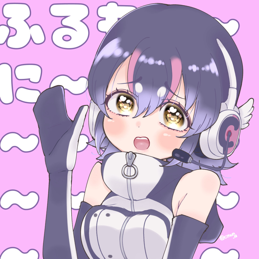 1girl bare_shoulders black_hair cthun_n elbow_gloves gloves headphones highres hood hoodie humboldt_penguin_(kemono_friends) kemono_friends kemono_friends_v_project looking_at_viewer microphone multicolored_hair penguin_girl purple_background purple_hair short_hair simple_background sleeveless solo two-tone_hair upper_body virtual_youtuber yellow_eyes zipper