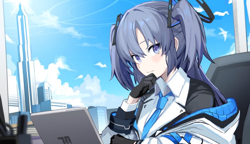 1girl bird black_gloves black_jacket black_suit blue_archive blue_jacket blue_necktie blush chair cityscape cloud collared_shirt computer day flock formal_clothes franz2543 gloves hair_ornament halo hand_on_own_chin hashtag-only_commentary highres jacket laptop long_sleeves looking_at_viewer mechanical_halo necktie off_shoulder open_clothes open_jacket purple_eyes purple_hair shirt sitting sky smile solo suit suit_jacket triangle_hair_ornament two-sided_fabric two-sided_jacket upper_body white_jacket white_shirt yuuka_(blue_archive)