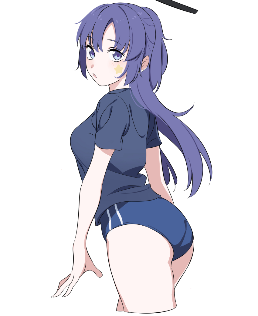 1girl absurdres ass black_shirt blue_archive blue_buruma blue_eyes breasts buruma cropped_legs facial_mark gym_uniform hair_between_eyes halo highres kashiwa_(iersansi) long_hair looking_at_viewer medium_breasts parted_lips purple_hair shirt short_sleeves simple_background solo star_(symbol) star_facial_mark white_background yuuka_(blue_archive) yuuka_(track)_(blue_archive)