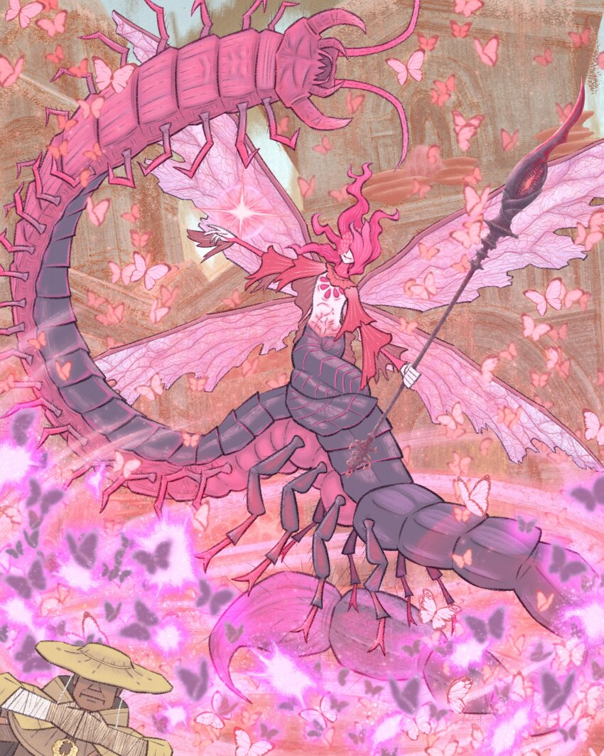 1boy 1girl absurdres arm_up arthropod_girl bibuo boss_fight bug butterfly centipede centipede_girl closed_mouth commentary_request dryleaf_dane elden_ring elden_ring:_shadow_of_the_erdtree glaive_(polearm) highres holding holding_polearm holding_weapon insect insect_wings multiple_tails pink_butterfly polearm romina_saint_of_the_bud smile tail weapon wings