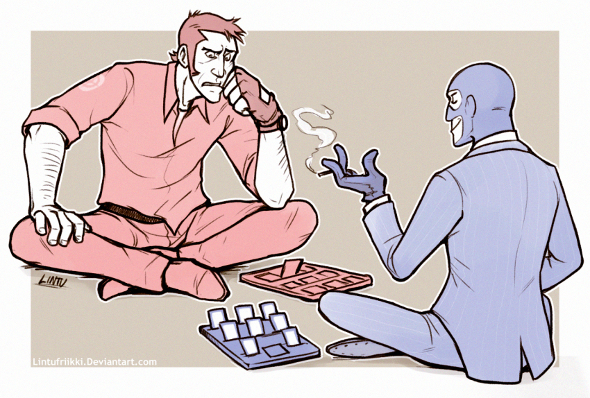 2boys arm_hair blu_spy_(tf2) blue_footwear blue_gloves blue_mask blue_pants blue_suit board_game cigarette facial_hair fingerless_gloves formal_clothes gloves holding holding_cigarette lintufriikki male_focus masked multiple_boys pants red_footwear red_gloves red_pants red_shirt red_sniper_(tf2) shirt short_hair sideburns_stubble smoking smug sniper_(tf2) spy_(tf2) stubble suit team_fortress_2