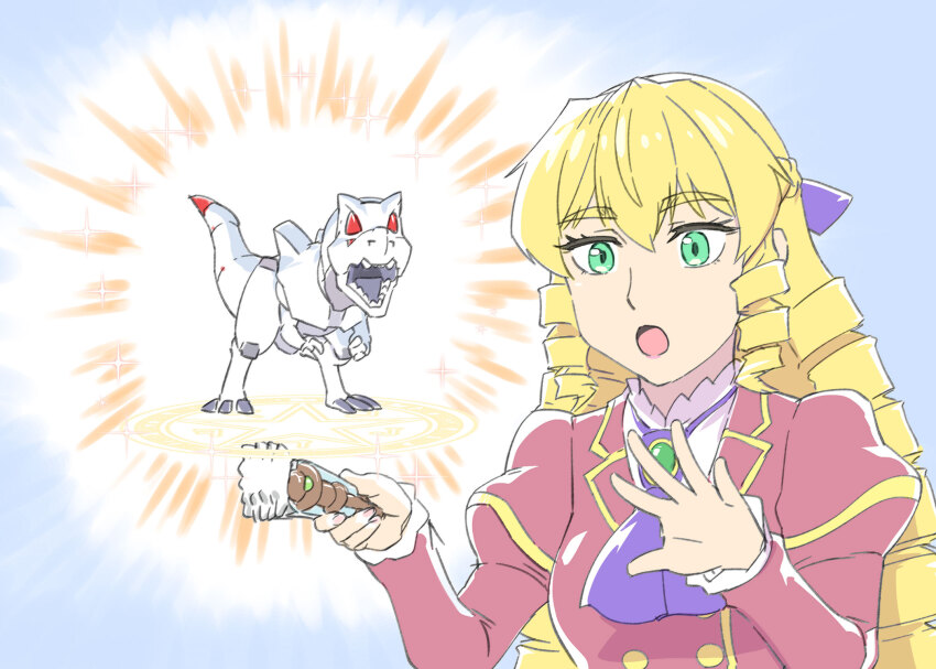1girl :o akuyaku_reijou_tensei_ojisan ascot blue_ascot breasts creator_connection crossover drill_hair drill_sidelocks grace_auvergne green_eyes hair_behind_ear highres jacket juliet_sleeves long_hair long_sleeves mecha medium_breasts non-humanoid_robot open_hand puffy_sleeves red_eyes red_jacket robot robot_animal shirt sidelocks surprised ueyama_michirou white_shirt zeke_(zoids) zoids