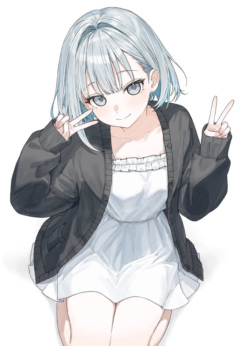 1girl bare_legs black_jacket closed_mouth double_v dress frilled_dress frills from_above grey_eyes hands_up highres jacket karyln long_sleeves looking_at_viewer medium_hair open_clothes open_jacket original seiza simple_background sitting sleeveless sleeveless_dress smile solo sundress v white_background white_dress white_hair