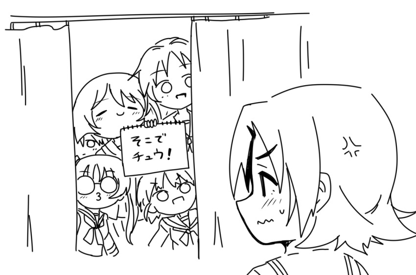 :| anger_vein asyura_kumo closed_eyes closed_mouth commentary freckles from_inside frown girls_und_panzer glasses greyscale holding holding_sign lineart long_hair looking_at_another maruyama_saki monochrome neckerchief ooarai_school_uniform oono_aya opaque_glasses open_mouth puckered_lips sakaguchi_karina sawa_azusa school_uniform serafuku short_hair sign sketch smile sweatdrop translated twintails utsugi_yuuki wavy_mouth yamagou_ayumi
