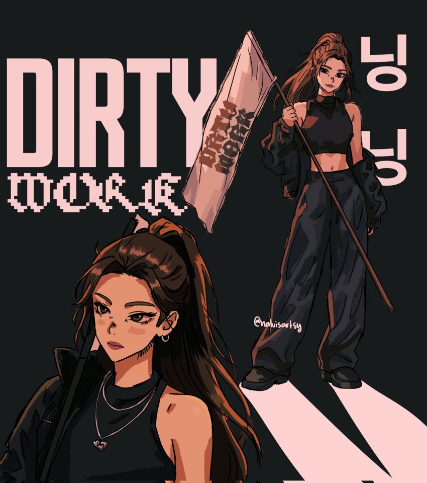 1girl aespa black_background brown_hair closed_mouth earrings flag heart_pendant highres holding holding_flag jewelry k-pop multiple_views naluisartsy necklace ningning_(aespa) parted_bangs ponytail real_life shadow shirt sleeveless sleeveless_shirt song_name twitter_username