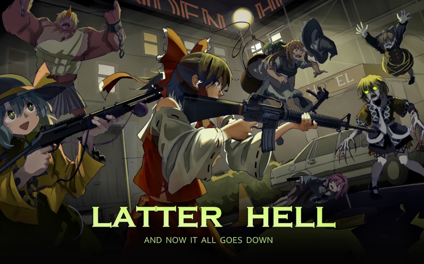 6+girls apron assault_rifle benelli_m4_super_90 black_bow black_footwear black_hair black_headwear black_skirt black_vest blonde_hair bow brown_shirt car chain commentary cuffs detached_sleeves english_commentary english_text frilled_bow frilled_hair_tubes frills full_body glowing glowing_eyes green_eyes green_hair gun hair_between_eyes hair_bow hair_over_eyes hair_tubes hakurei_reimu handgun hat highres holding holding_gun holding_weapon horns hoshiguma_yuugi hotel kirisame_marisa kisume komeiji_koishi komeiji_satori kto_znaet kurodani_yamame left_4_dead left_4_dead_2 long_bangs long_hair m16 mary_janes mizuhashi_parsee motor_vehicle multiple_girls muscular muscular_female open_mouth parody pink_hair red_bow red_horns red_shirt red_skirt ribbon-trimmed_sleeves ribbon_trim rifle sash sharp_teeth shirt shoes short_hair short_sleeves sidelocks single_horn skirt skirt_set sleeveless sleeveless_shirt smile subterranean_animism tank_(left_4_dead) teeth touhou traditional_youkai traffic_cone vest waist_apron weapon white_apron white_sash white_shirt white_sleeves wide_sleeves witch_hat yellow_shirt