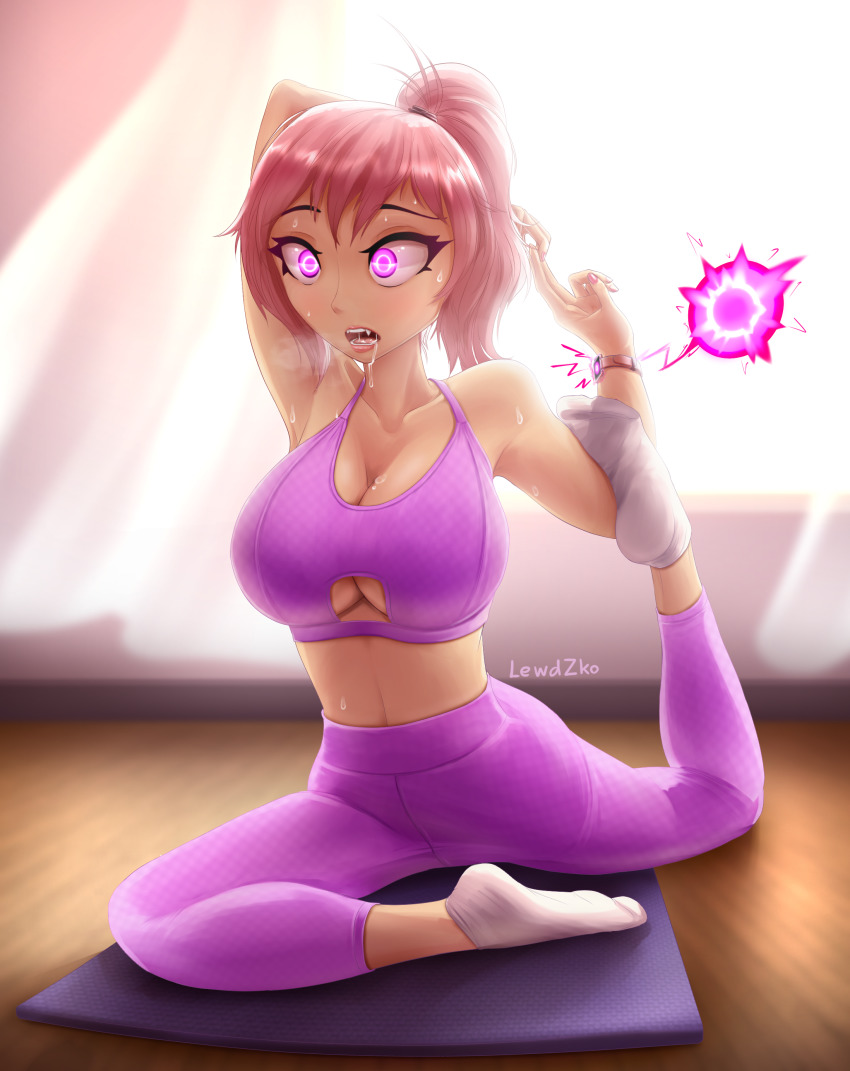 1girl absurdres bra breasts cleavage collarbone crystal_(lewd-zko) drooling fang glowing glowing_eyes highres large_breasts lewd-zko lips looking_away mind_control original pants pink_eyes ponytail purple_bra purple_pants purple_sports_bra short_hair short_ponytail socks solo sports_bra stretching sweat teeth underwear white_socks yoga yoga_pants