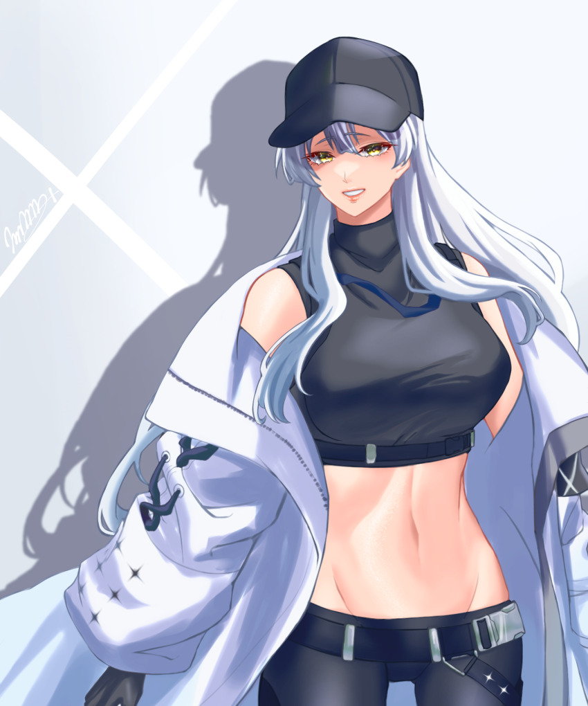 1girl armband bare_shoulders baseball_cap belt black_belt black_gloves black_hat black_mask black_pants black_shirt blue_archive breasts buckle chest_harness coat commentary_request commission cosplay covered_collarbone cowboy_shot crop_top drop_shadow fire_emblem fire_emblem:_radiant_dawn gloves grey_hair grin groin hair_between_eyes harness hat highres holster large_breasts long_hair looking_at_viewer marth-chan_(micaiah_mrmm) micaiah_(fire_emblem) midriff navel nintendo pants pixiv_commission saori_(blue_archive) saori_(blue_archive)_(cosplay) shadow shirt sidelocks sleeveless sleeveless_shirt smile snap-fit_buckle solo standing thigh_holster underbust white_coat yellow_eyes