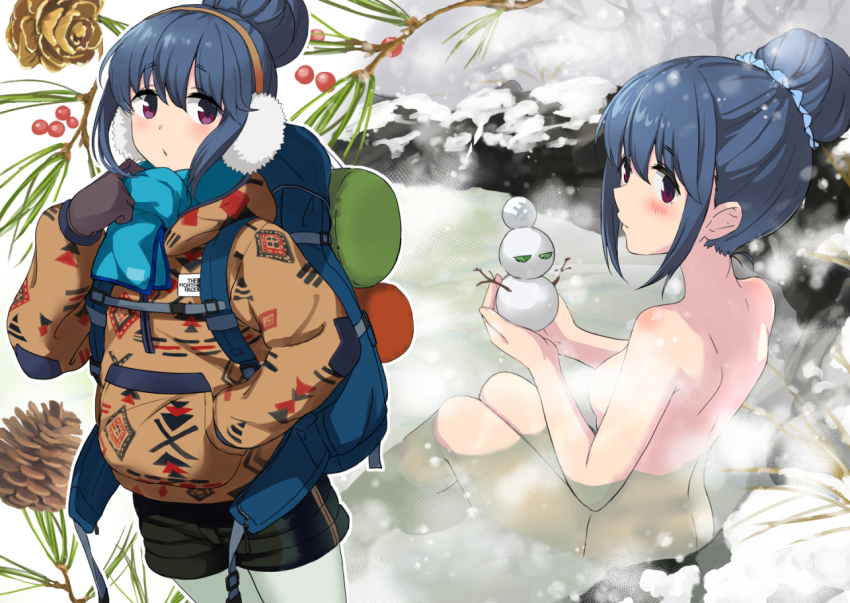 1girl back backpack bag blue_hair breasts gloves hair_bun hand_in_pocket long_hair looking_at_viewer mirai_denki nude onsen partially_submerged pinecone purple_eyes shima_rin single_hair_bun small_breasts snow snowman solo steam winter_clothes yurucamp