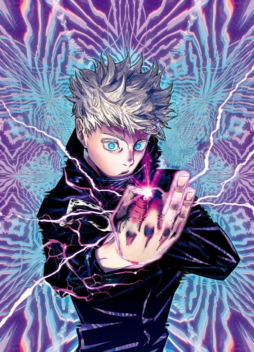 1boy akutami_gege blue_eyes cleaned colored_eyelashes electricity eyebrows fingernails glowing glowing_eyes gojou_satoru highres jujutsu_kaisen official_art pale_skin short_hair textless_version white_hair