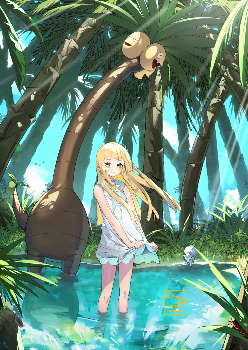 1girl absurdres alolan_exeggutor alolan_form alolan_vulpix blonde_hair blunt_bangs blunt_ends blush braid closed_mouth day dot_nose dress eredhen fangs floating_hair forest gen_7_pokemon green_eyes highres light_rays lillie_(pokemon) long_hair looking_at_viewer low_twin_braids mimikyu nature nintendo open_mouth outdoors palm_tree pokemon pokemon_(creature) pokemon_sm skirt_hold sleeveless sleeveless_dress smile solo sunbeam sundress sunlight tree twin_braids wading water white_dress