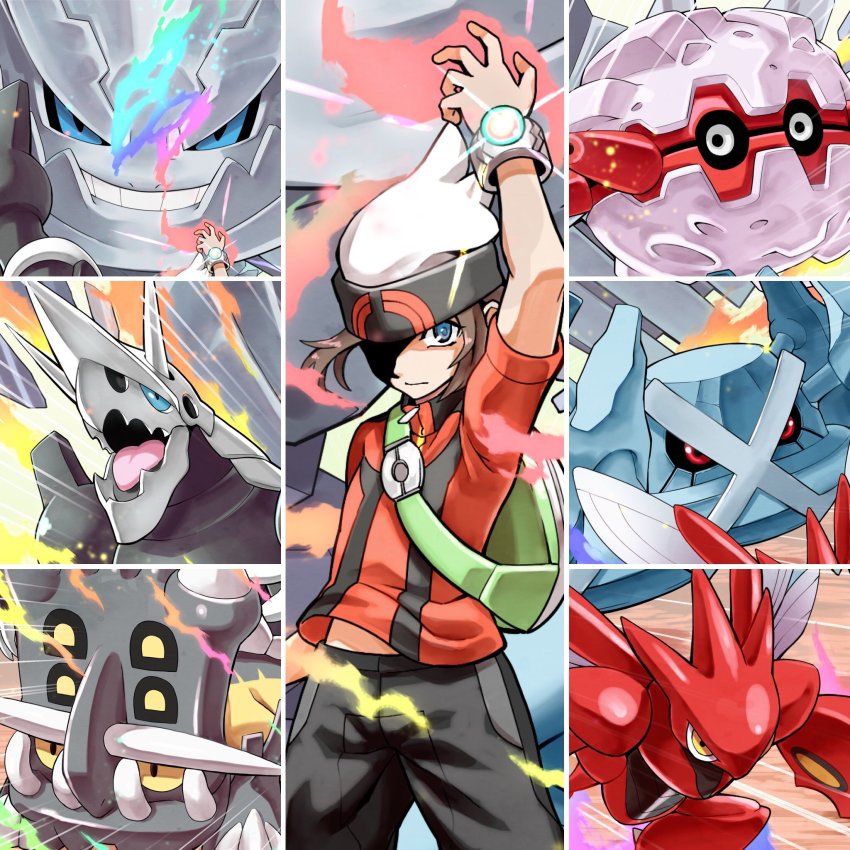 1boy aggron arm_up backpack bag bastiodon beanie black_pants blue_eyes bracelet brendan_(pokemon) brown_hair closed_mouth commentary_request energy floating_hair forretress gen_2_pokemon gen_3_pokemon gen_4_pokemon green_bag hat highres jewelry looking_at_viewer male_focus mega_pokemon mega_steelix metagross nintendo pants pokemon pokemon_(creature) pokemon_oras ryuusei_(trickster) scizor shaded_face short_sleeves steelix white_headwear wind zipper_pull_tab