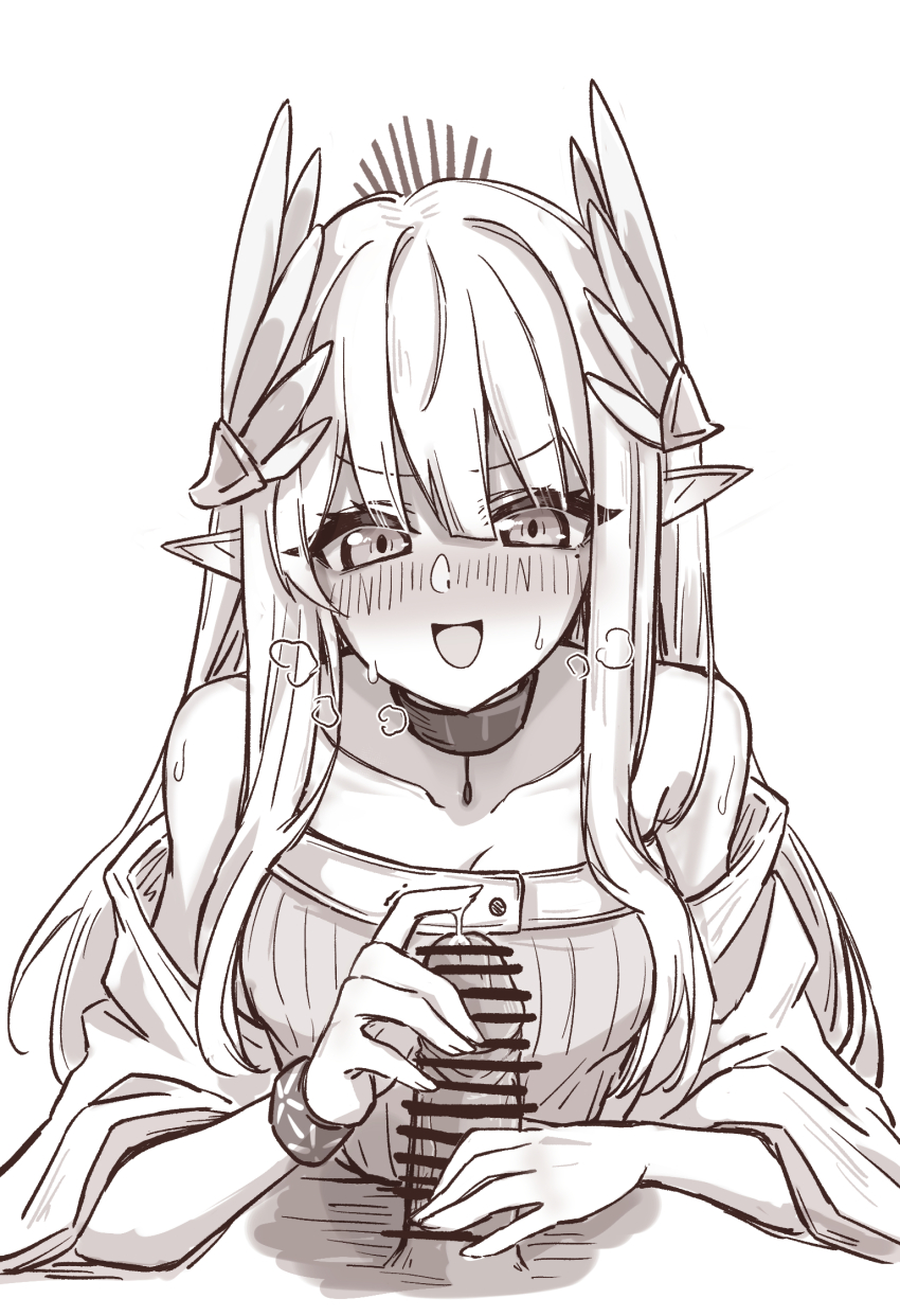 1boy 1girl arknights bar_censor bare_shoulders blush breasts censored cleavage collarbone commentary elf greyscale hair_between_eyes handjob heavy_breathing hetero highres infection_monitor_(arknights) long_hair looking_at_viewer maiq06 monochrome muelsyse_(arknights) nose_blush off_shoulder open_mouth penis pointy_ears precum simple_background smile white_background