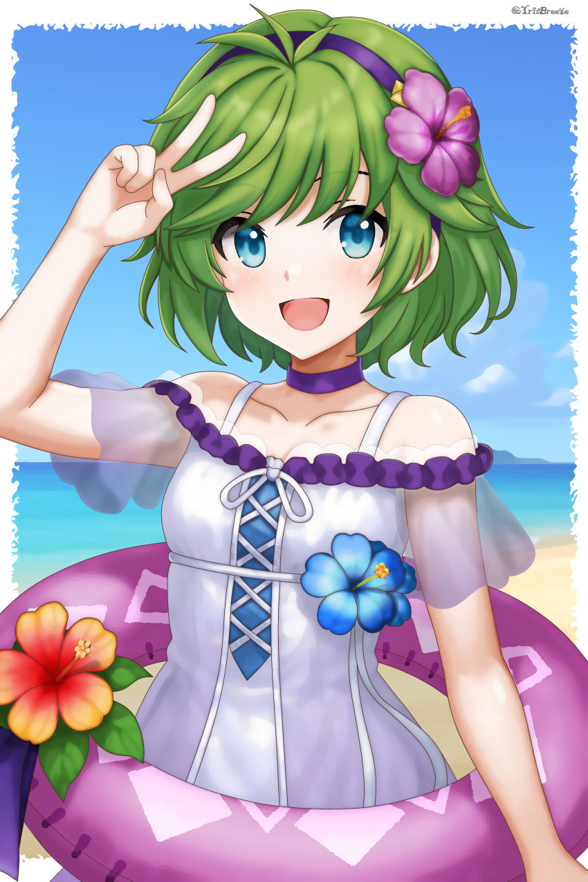 1girl absurdres blue_eyes blush dinjo fire_emblem fire_emblem:_the_blazing_blade fire_emblem_heroes green_hair hair_ornament highres looking_at_viewer nino_(fire_emblem) nino_(summer)_(fire_emblem) nintendo official_alternate_costume one-piece_swimsuit open_mouth short_hair smile solo swimsuit white_one-piece_swimsuit