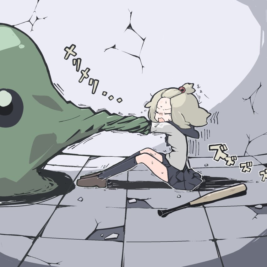 1girl bangs_pinned_back baseball_bat black_sailor_collar black_skirt black_socks blonde_hair brown_shoes closed_eyes crack cracked_floor cracked_wall crying dragging highres kneehighs medium_hair monster motion_lines open_mouth original restrained sailor_collar school_uniform serafuku shirt shoes skirt slime_(creature) socks tears tomson_(tmsn_254) topknot white_shirt