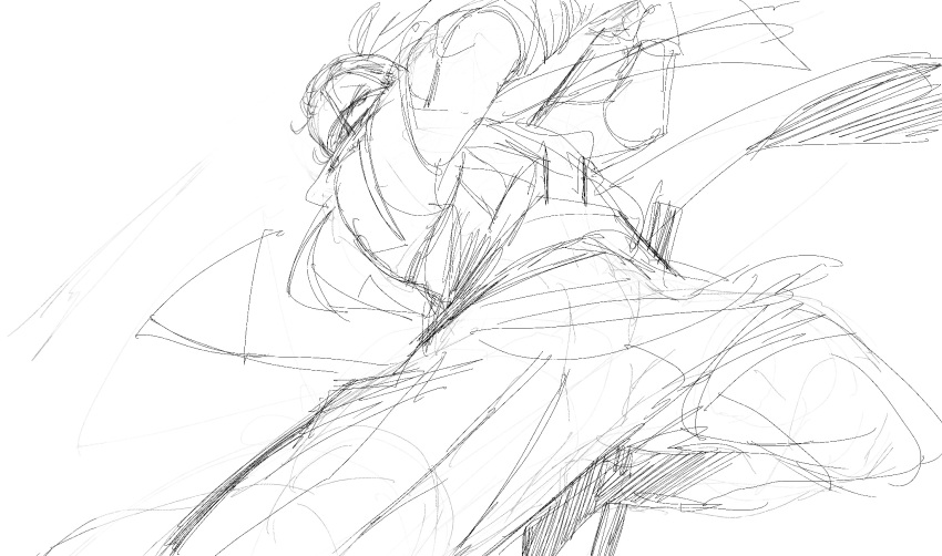 1boy from_below greyscale highres holding holding_sword holding_weapon japanese_clothes male_focus monochrome ninja piyomotsu sekiro sekiro:_shadows_die_twice sketch solo sword topknot weapon
