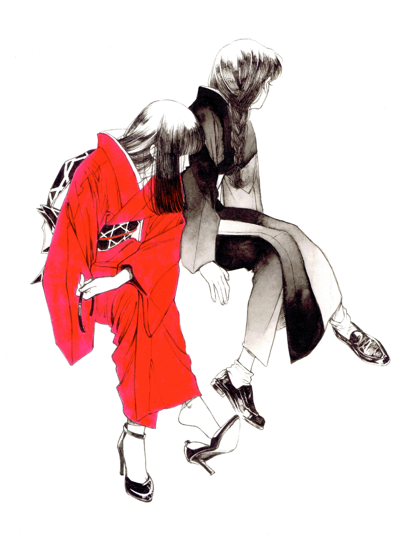 2girls absurdres ameishi braid color_ink_(medium) commentary full_body high_heels highres holding_hairband japanese_clothes kimono loafers long_hair long_sleeves looking_to_the_side multiple_girls obi obijime original partially_colored red_kimono sash shoes single_braid sitting socks white_background wide_sleeves