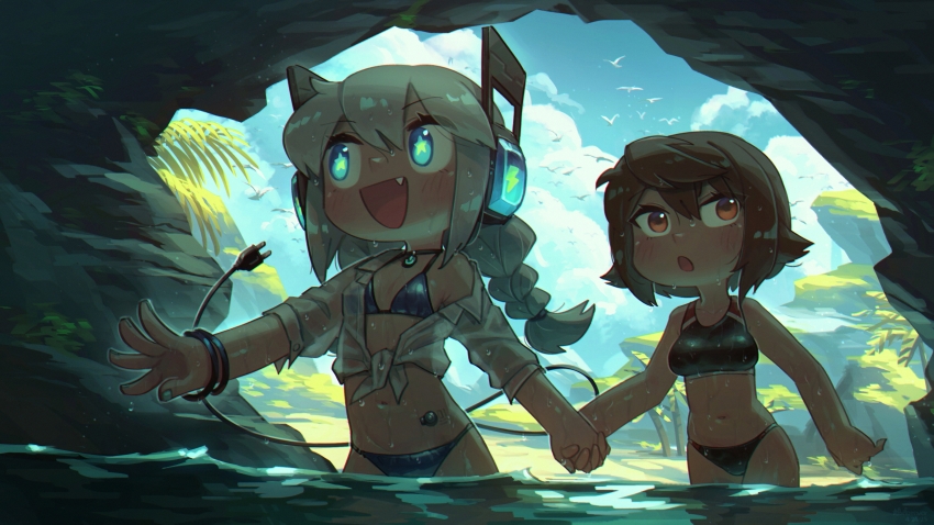 2girls :d :o absurdres aqua_eyes aqua_nails bangle bikini black_bikini black_choker blue_sky borrowed_character bracelet braid breasts brown_eyes brown_hair cave choker cloud commentary day digitan_(porforever) electric_plug electric_plug_tail english_commentary fang flat_chest hair_between_eyes highres holding_hands interlocked_fingers jewelry kuruna_(pixel_princess_blitz) lightning_bolt_symbol long_hair medium_breasts multiple_girls nail_polish navel open_clothes open_mouth open_shirt original palm_tree porforever power_symbol robot_ears see-through_clothes see-through_shirt shirt short_hair single_off_shoulder sky smile star-shaped_pupils star_(symbol) swimsuit symbol-shaped_pupils tail tied_shirt tree twin_braids wading water wet wet_clothes wet_shirt white_hair white_shirt