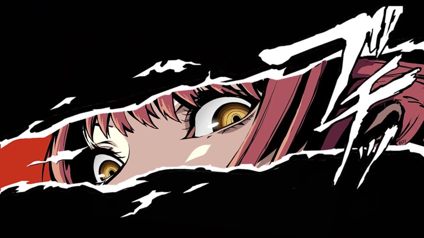 1girl chainsaw_man close-up eiji_nochi eye_focus highres looking_at_viewer makima_(chainsaw_man) medium_hair parody persona persona_5 persona_eyes red_background red_hair ringed_eyes sidelocks simple_background solo yellow_eyes