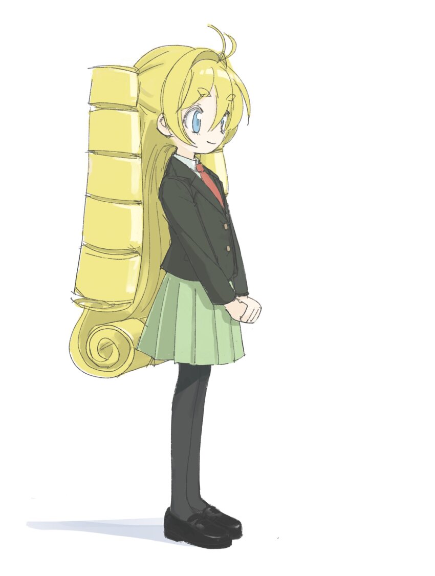 1girl antenna_hair black_jacket black_pantyhose black_shoes blazer blonde_hair blue_eyes closed_mouth commentary_request drill_hair from_side full_body green_skirt hair_intakes highres hikimayu hitonatz jacket kuroshio_current legs_together loafers long_hair long_sleeves looking_ahead necktie own_hands_together pantyhose pleated_skirt red_necktie school_uniform shoes simple_background skirt smile solo standing toudouin_mana two_side_up v_arms white_background