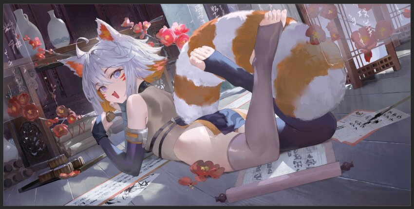 1girl animal_ears artist_request ass asymmetrical_legwear blue_eyes bottle brush demenishki detached_sleeves facial_mark feet flower food grey_hair ink on_floor open_mouth orange_hair parchment short_hair smile tail temple thighhighs toeless_legwear toes virtual_youtuber