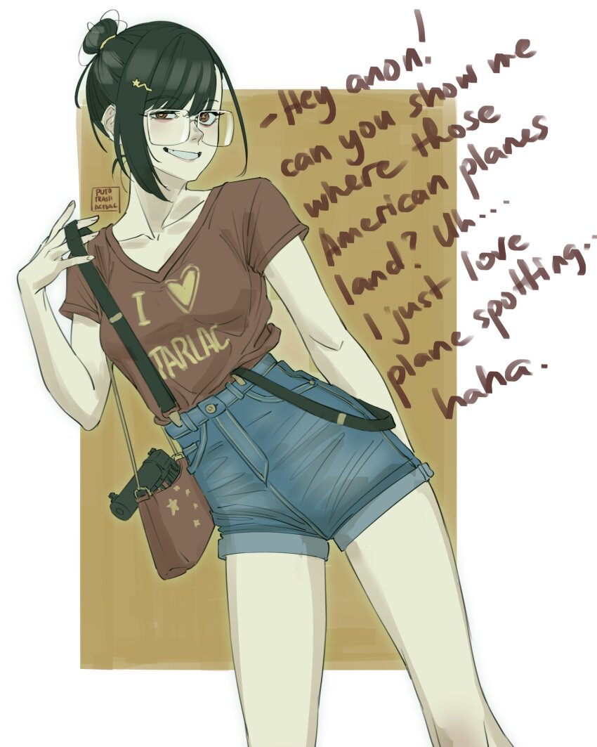absurdres alice_guo bag denim english_text glasses grin gun hair_bun handbag handgun heart high-waist_shorts highres open_handbag orange_background original people&#039;s_liberation_army people&#039;s_republic_of_china_flag philippines puto_trash red_eyes red_shirt shirt shorts signature simple_background single_hair_bun smile suspender_shorts suspenders weapon white_background