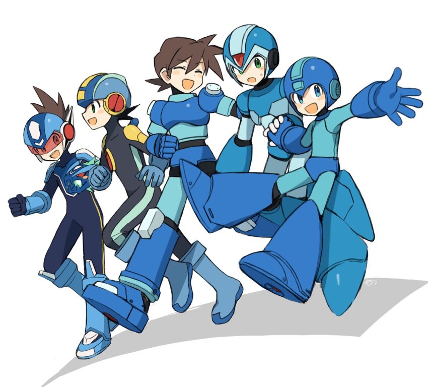 5boys armor assault_visor blue_armor blue_bodysuit blue_eyes blue_helmet bodysuit brown_hair closed_eyes forehead_jewel green_eyes group_picture helmet in-franchise_crossover male_focus mega_man_(character) mega_man_(classic) mega_man_(series) mega_man_battle_network_(series) mega_man_legends_(series) mega_man_star_force_(series) mega_man_volnutt mega_man_x_(series) megaman.exe motu_ohasyagi multiple_boys name_connection short_hair simple_background star_force_mega_man white_background x_(mega_man)