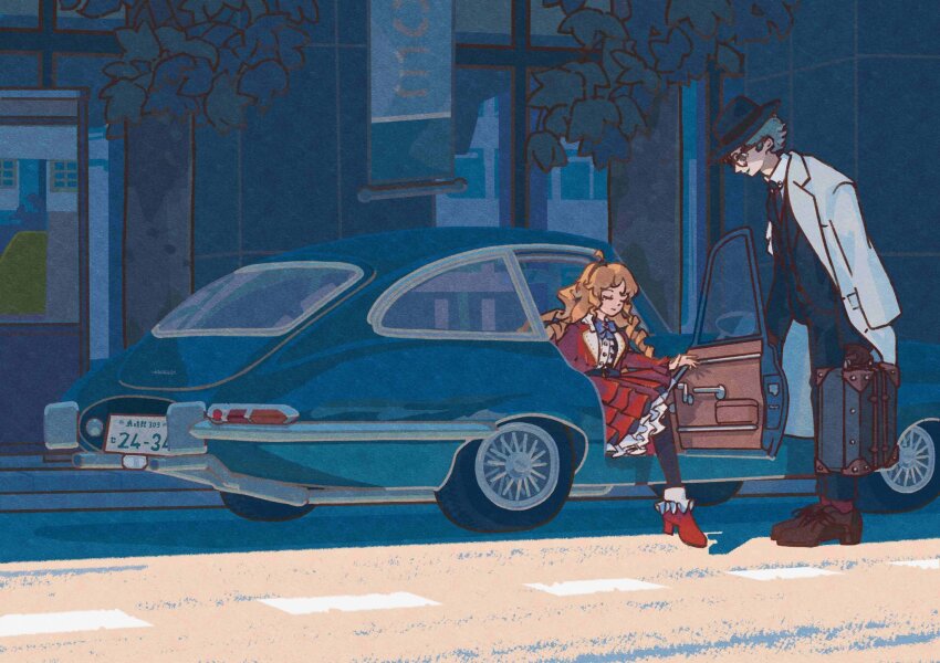 1boy 1girl blue_bow blue_bowtie bow bowtie car dress drill_hair drill_sidelocks formal_clothes glasses high_heels highres joe_rikiichi leaf license_plate motor_vehicle nijisanji opening_door outdoors red_dress road rokumeikan_kiriko sidelocks srimerimer718 street suit suitcase virtual_youtuber wheel window