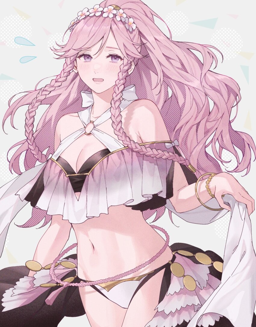 1girl ai_tkkm bare_shoulders bikini blush braid breasts cleavage fire_emblem fire_emblem_awakening fire_emblem_heroes hairband highres large_breasts long_hair looking_at_viewer navel nintendo off-shoulder_bikini off_shoulder official_alternate_costume olivia_(fire_emblem) olivia_(summer)_(fire_emblem) pink_bikini pink_hair ponytail smile solo swimsuit twin_braids white_bikini