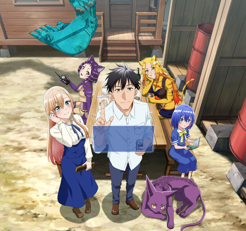 1boy 4girls :o abacus anemone_(online_shopper) animal animal_ear_fluff animal_ears anime_coloring aqua_eyes arafoo_otoko_no_isekai_tsuuhan_seikatsu beard_stubble bench black_hair blonde_hair blue_dress blue_hair blue_pants blue_ribbon blue_skirt book bow bowtie breasts brown_eyes brown_shirt brown_shoes cat_ears cat_girl cleavage collarbone collared_shirt colored_inner_hair crop_top cup curry curry_rice day dress dress_shirt drum_(container) elbow_rest excavator facial_hair food from_above grin hair_between_eyes hand_on_own_cheek hand_on_own_face high-waist_skirt highres holding holding_abacus holding_book holding_cup holding_walkie-talkie holographic_interface ken&#039;ichi_hamada key_visual l_hand long_hair long_skirt long_sleeves looking_at_viewer medium_breasts medium_dress multicolored_hair multiple_girls myarey neck_ribbon nyamena_(online_shopper) official_art on_bench open_book open_collar outdoors pants parted_lips partially_unbuttoned primula_mallow promotional_art purple_fur purple_hair ribbon rice shadow shirt shoes short_hair short_sleeves sitting skirt sleeveless sleeveless_shirt slit_pupils small_breasts smile spoon standing stubble table tail tiger_ears tiger_girl tiger_tail tucking_hair underbust untucked_shirt very_short_hair walkie-talkie white_shirt wooden_bench wooden_house wooden_stairs wooden_table wooden_wall yellow_bow yellow_bowtie yellow_eyes yellow_fur
