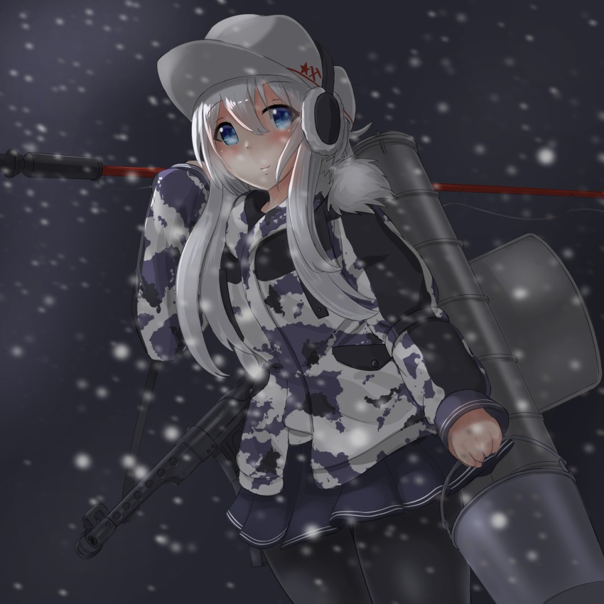 1girl belt black_pantyhose black_skirt blue_eyes bucket camouflage camouflage_jacket earmuffs female_focus fishing_rod flat_cap gun hammer_and_sickle hat hibiki_(kancolle) highres jacket kantai_collection long_hair machinery night pantyhose pleated_skirt pps-43 redundant-cat school_uniform serafuku silver_hair skirt smokestack snow snowing solo star_(symbol) submachine_gun verniy_(kancolle) verniy_(saury_festival)_(kancolle) weapon white_hat