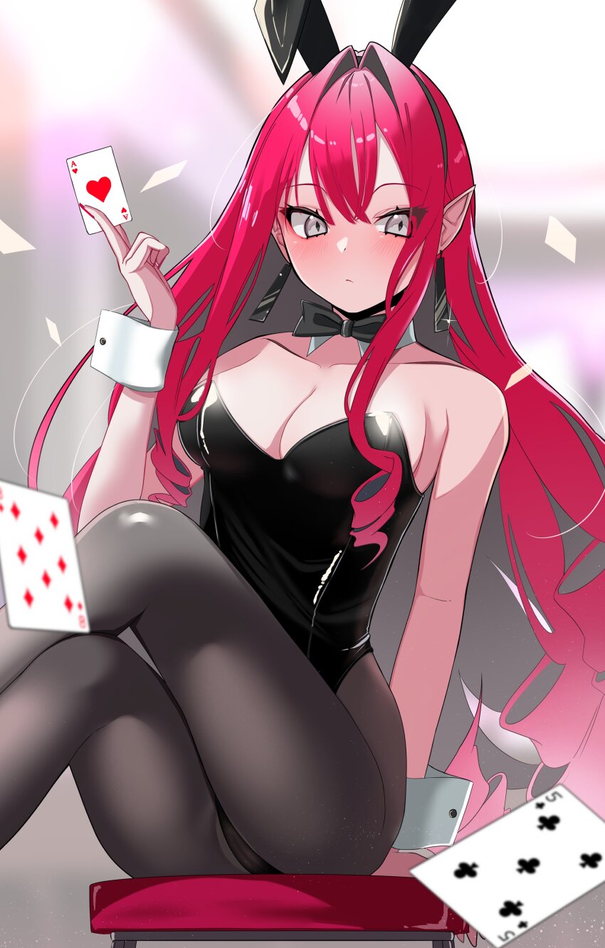 1girl absurdres animal_ears ass baobhan_sith_(fate) black_leotard blush breasts card cleavage earrings fate/grand_order fate_(series) grey_eyes grey_pantyhose hand_up highres holding holding_card jewelry leotard looking_at_viewer nigori_(keydoor) pantyhose pink_hair playboy_bunny pointy_ears rabbit_ears sidelocks sitting solo
