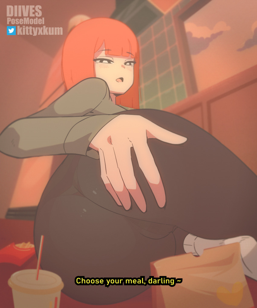 1girl animated animated_gif artist_name ass ass_focus black_eyes black_pantyhose blunt_bangs blunt_ends blush bob_cut bright_pupils commentary crotch cup diives disposable_cup drinking_straw english_commentary english_text food french_fries from_behind grabbing_own_ass hand_on_own_ass highres indoors long_sleeves looking_at_viewer looking_back looping_animation mcdonald&#039;s mother_(yoru_mac) no_pants on_table open_mouth orange_hair panties panties_under_pantyhose pantyhose presenting short_hair solo spread_ass striped_clothes striped_panties subtitled sweater table thong twitter_logo underwear watermark white_pupils yoru_mac