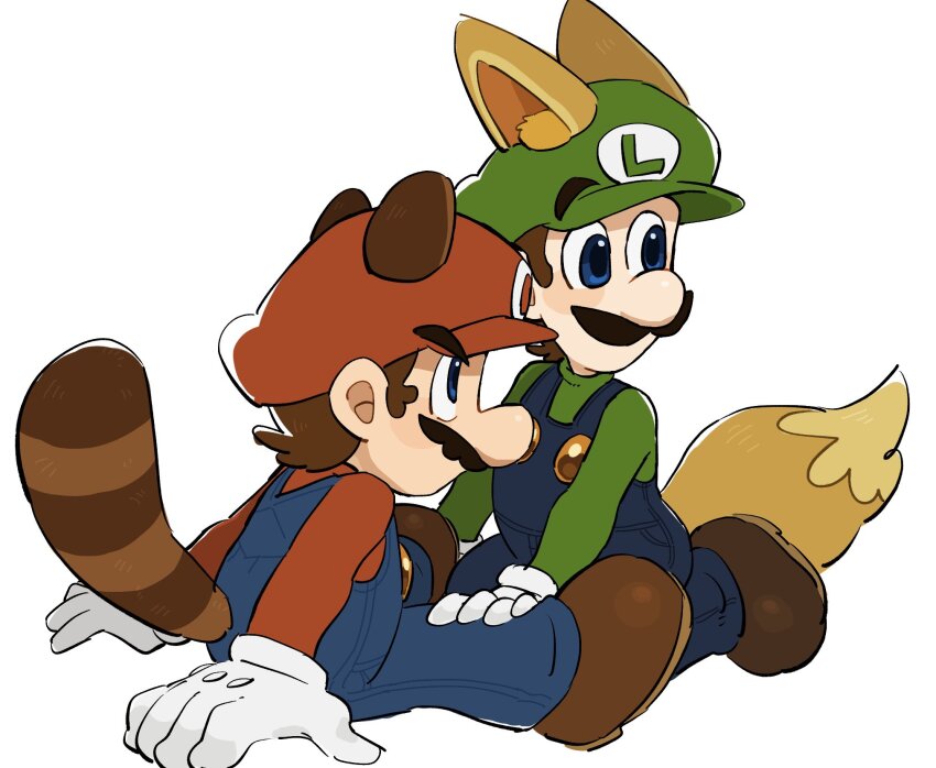 2boys animal_ears blue_overalls brown_hair closed_eyes facial_hair fox_ears fox_tail from_side full_body gloves green_shirt hat highres kitsune_luigi luigi male_focus mario mario_(series) mimimi_(mimimim9999) multiple_boys mustache new_super_mario_bros._2 nintendo overalls raccoon_mario red_hat shirt short_hair super_mario_bros._3 tail tanuki_mario white_gloves