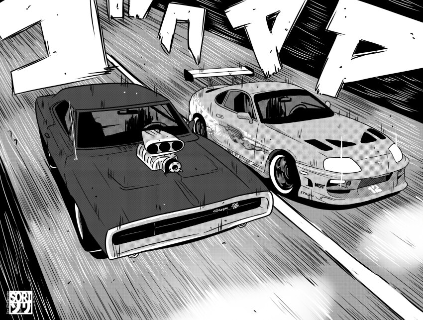 absurdres artist_name car commentary dodge_(company) dodge_charger dodge_charger_(2nd_generation) english_commentary fast_&amp;_furious fast_&amp;_furious greyscale highres monochrome motion_blur motion_lines motor_vehicle muscle_car racing road scene_reference sorithespooky sound_effects spoiler_(automobile) the_fast_and_the_furious_1 toyota toyota_supra toyota_supra_mk_iv vehicle_focus