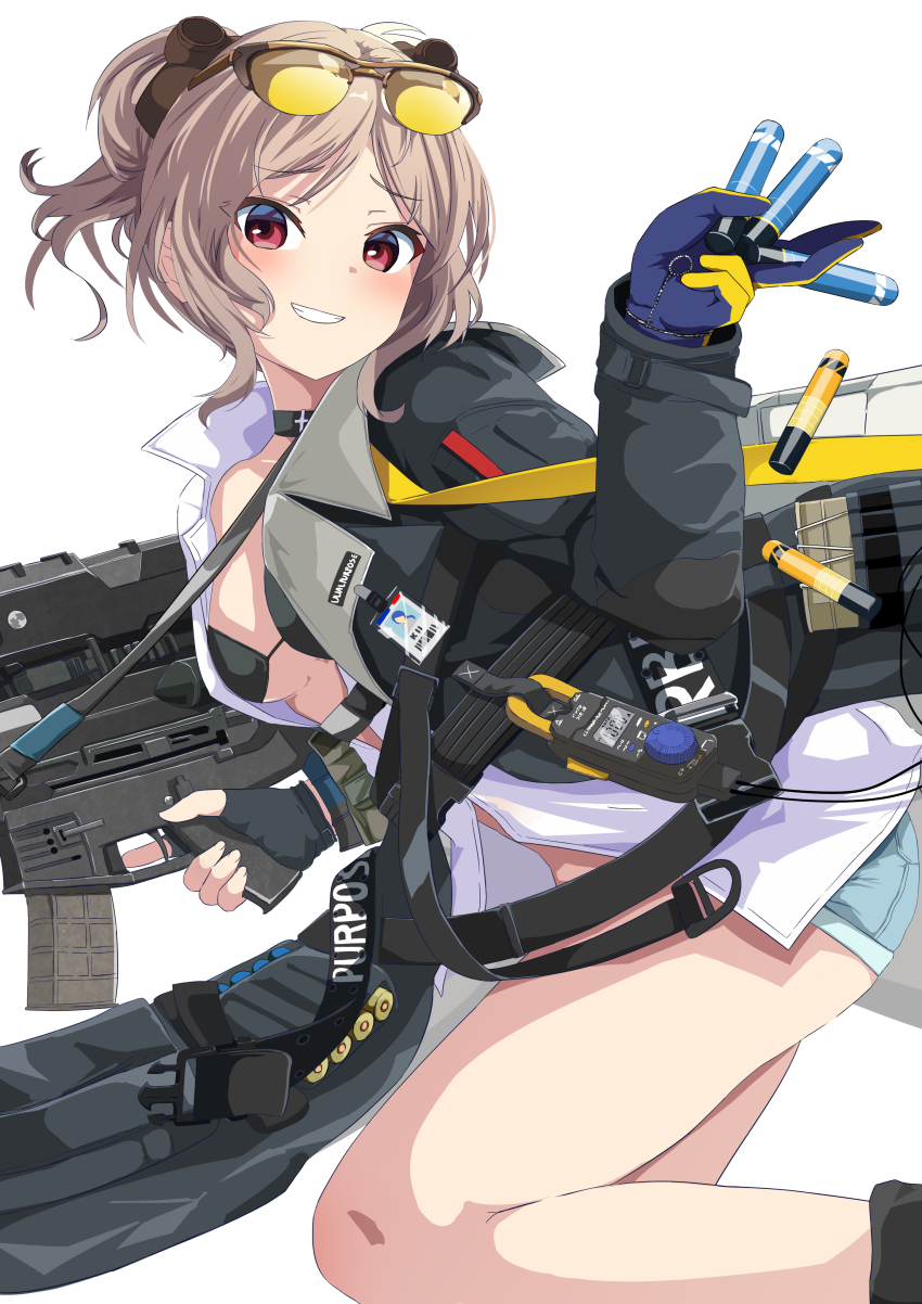 1girl 20x30mm_lv 20x30mm_lv_heab_k167 20x30mm_lv_p_k168 absurdres airburst_grenade_launcher airburst_round ammunition anti-materiel_cartridge assault_rifle bandolier belt bikini bikini_top_only bikini_under_clothes black_bikini bolt-action_grenade_launcher bolt_action brown_hair buckle bullpup burst_fire_gun burst_fire_rifle cannon_cartridge carbine collared_jacket commentary_request commission computerized_scope cosplay daewoo_k11 double_bun explosive eyewear_on_head fragmentation_grenade fragmentation_warhead girls&#039;_frontline grenade grenade_cartridge grenade_launcher gun gun_sling hair_bun high-explosive_airburst_round high-explosive_cartridge highres holding holding_grenade holding_gun holding_weapon jacket jacket_over_swimsuit k11_(girls&#039;_frontline) k11_(girls&#039;_frontline)_(cosplay) leather_choker military_cartridge multi-weapon multiple-barrel_gun p90_(girls&#039;_frontline) practice_round precision-guided_firearm precision-guided_munition red_eyes rifle scope shimofuji_jun short-barreled_rifle short_hair sight_(weapon) skeb_commission smart_grenade smart_scope smile snap-fit_buckle solo subsonic_ammunition swimsuit swimsuit_under_clothes telescopic_sight thermal_weapon_sight trigger_discipline underbarrel_assault_rifle underbarrel_rifle weapon