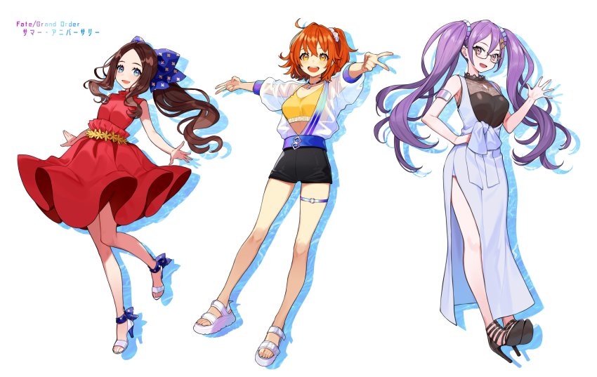 3girls absurdres ahoge bare_shoulders black_shorts blue_bow blue_dress blue_eyes blush bow breasts brown_hair dress fate/grand_order fate_(series) forehead fujimaru_ritsuka_(female) fujimaru_ritsuka_(female)_(summer_anniversary) full_body glasses hair_bow hair_ornament hair_scrunchie high_heels highres jacket jewelry large_breasts leonardo_da_vinci_(fate) leonardo_da_vinci_(fate/grand_order) leonardo_da_vinci_(rider)_(fate) leonardo_da_vinci_(summer_anniversary)_(fate) long_hair long_sleeves looking_at_viewer medium_breasts multiple_girls necklace official_alternate_costume one_side_up open_mouth orange_eyes orange_hair outstretched_arms parted_bangs ponytail purple_eyes purple_hair red_dress sandals scrunchie see-through_clothes see-through_jacket short_hair shorts sion_eltnam_(type-moon) sion_eltnam_sokaris sion_eltnam_sokaris_(summer_anniversary) small_breasts smile tank_top twintails underbust yellow_tank_top yuu_(higashi_no_penguin)