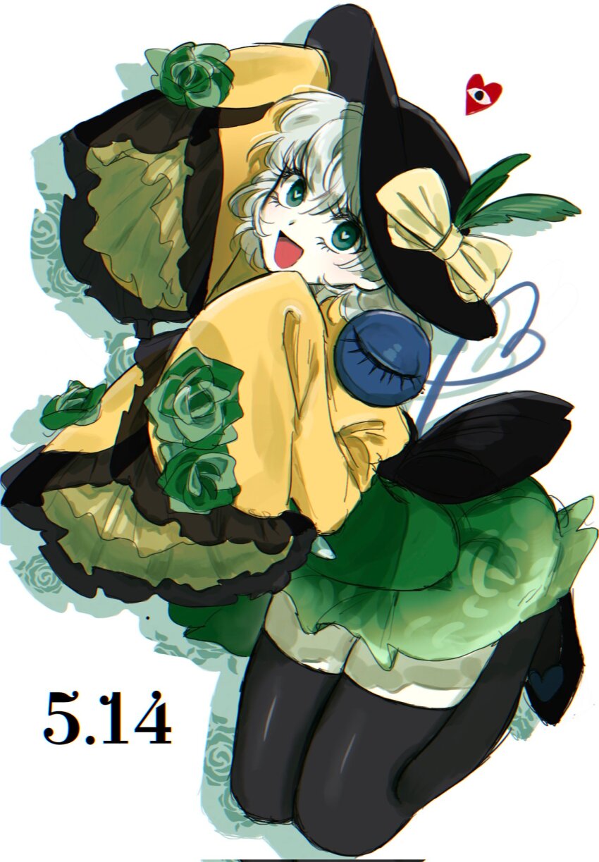 1girl :d black_footwear black_hat black_pantyhose bow commentary_request dated flower frilled_sleeves frills green_eyes green_flower green_hair green_rose green_skirt hands_up hat hat_bow hat_feather heart heart-shaped_pupils heart_of_string high-waist_skirt highres kneeling koishi_day komeiji_koishi long_sleeves looking_at_viewer medium_hair mememedama10 open_mouth pantyhose rose simple_background skirt sleeves_past_fingers sleeves_past_wrists smile solo symbol-shaped_pupils third_eye touhou very_long_sleeves white_background wide_sleeves yellow_bow